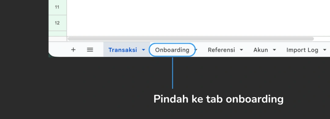 Tab Onboarding dilingkari di bagian bawah Google Sheets